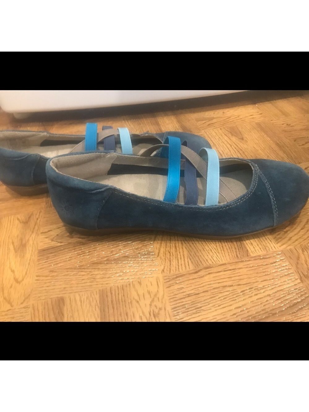 Taos Footwear Teal Suede Flats with Multi-Blue Elastic Straps